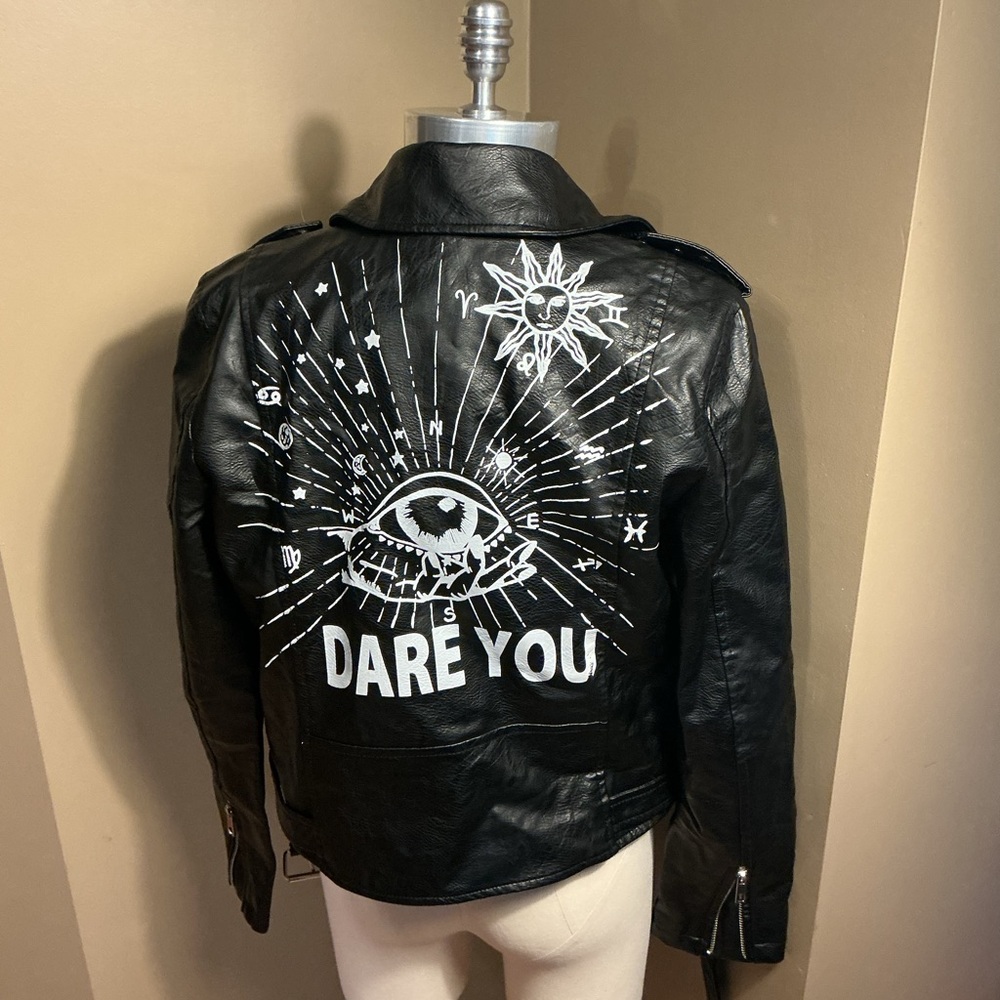 Black Leather Studded Graphic Jacket - Picture 2 of 5